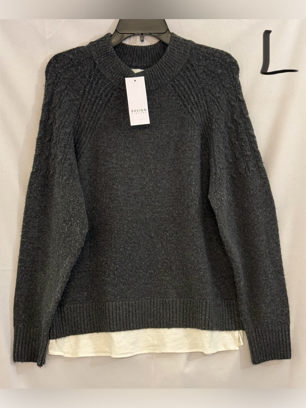 Design History Charcoal Cable-Sleeve Crewneck Sweater